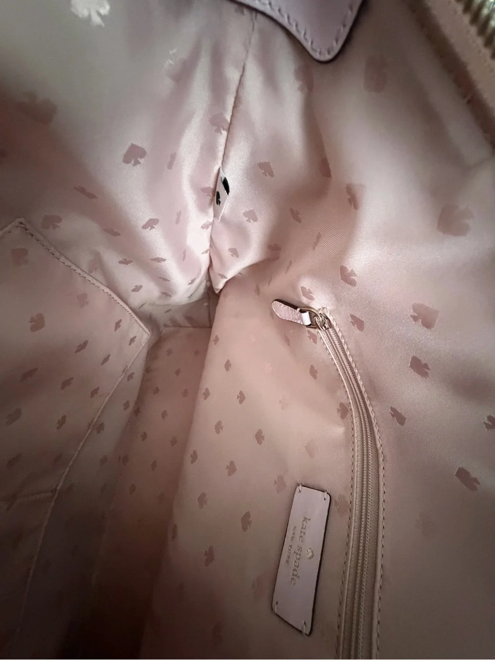 kate spade pale pink leather tote with gold logo